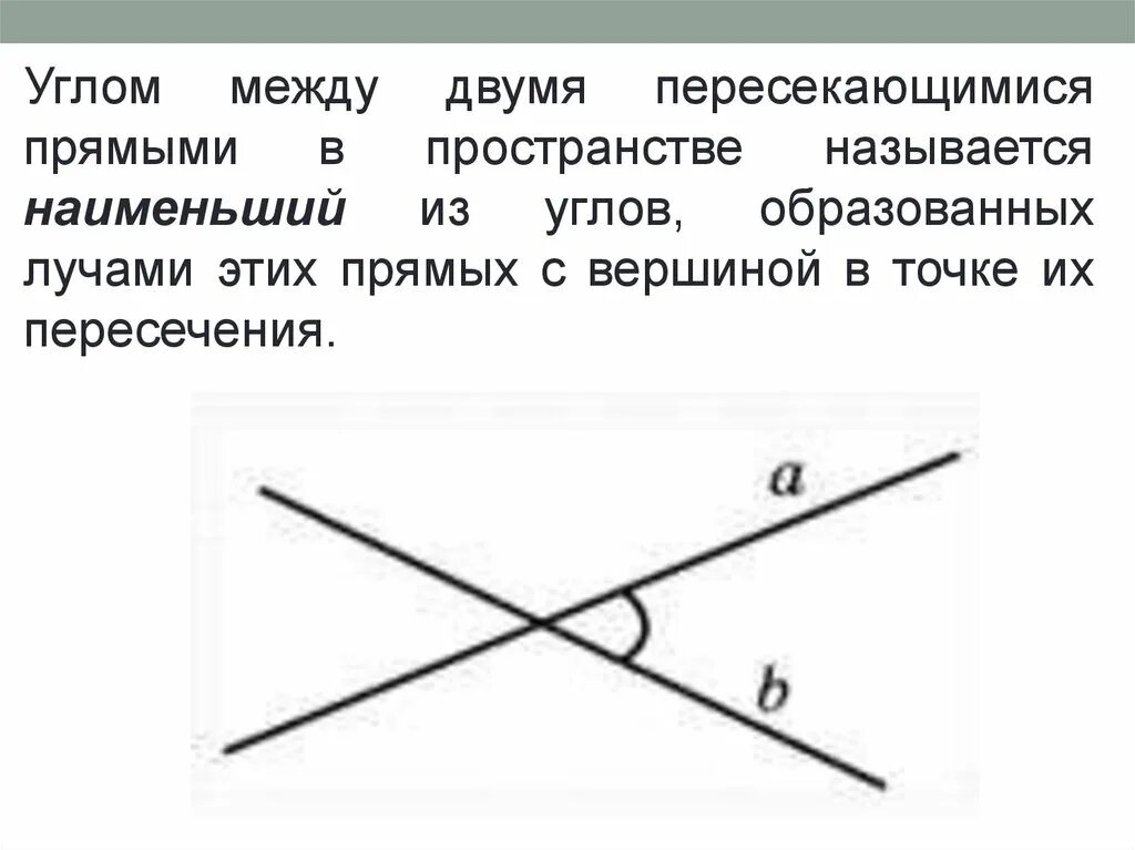 Углом между прямыми называют. Угол между пересекающимися прямыми. Угол между двумя пересекающими прямыми. Угол между прямыми пересекающимися и скрещивающимися. Углы двух пересекающихся прямых.