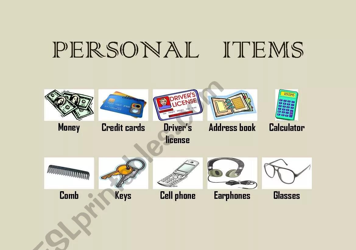 What item is that. Personal items. personal things vocabulary. possessions english vocabulary. personal possessions.