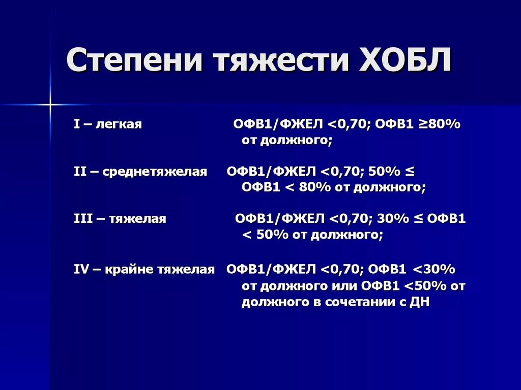 Легкая степень тяжести здоровья. 2 Стадия ХОБЛ офв1. При II стадии ХОБЛ офв1 составляет:. Тяжелая степень ХОБЛ офв1. Степени тяжести хронической обструктивной болезни легких.