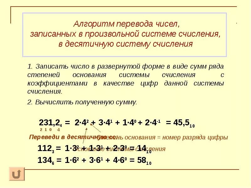 Определите основание системы счисления x. Алгоритмы перевода целых чисел в десятичную систему счисления. алгоритм перевода чисел в десятичную систему счисления. алгоритм перевода в десятичную систему счисления. алгоритм перевода из десятичной системы счисления в произвольную.
