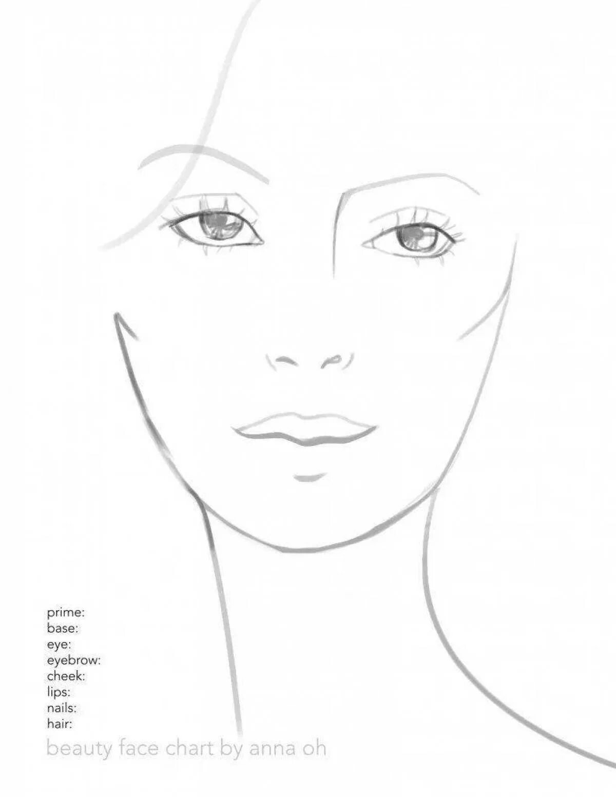 Девушка шаблон для макияжа. Face chart для визажистов. набросок лица для макияжа. эскиз лица для макияжа. лицо для зарисовки макияжа.