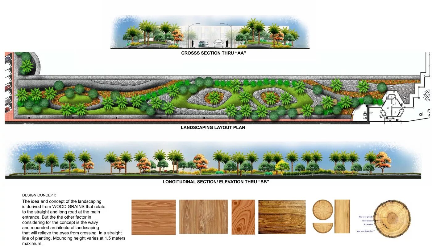 Section. Section Elevation. Section Landscape Elevation. Longitudinal Architecture Elevation. Landscape Section detail.