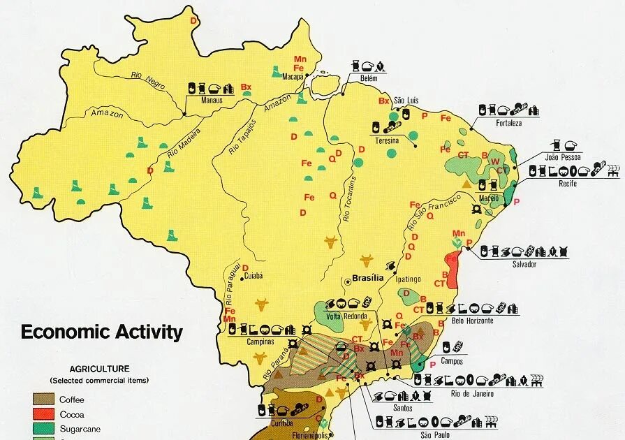 Какие ископаемые в бразилии. Карта полезных ископаемых Бразилии. Экономическая карта Бразилии. Природные ресурсы Бразилии карта. Сельское хозяйство Бразилии карта.