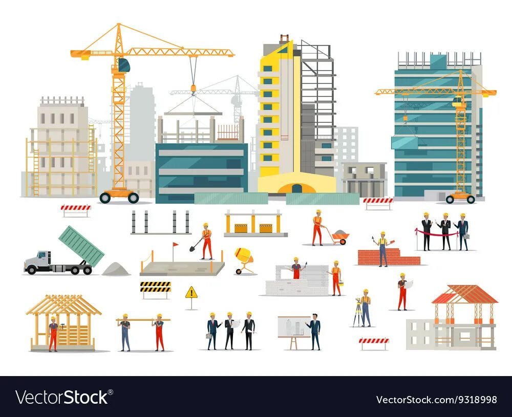 Векторный рисунок построен из сложных объектов. Стройка иллюстрация. Стройка без фона. Строительная площадка иллюстрация. Строящийся дом иллюстрация.