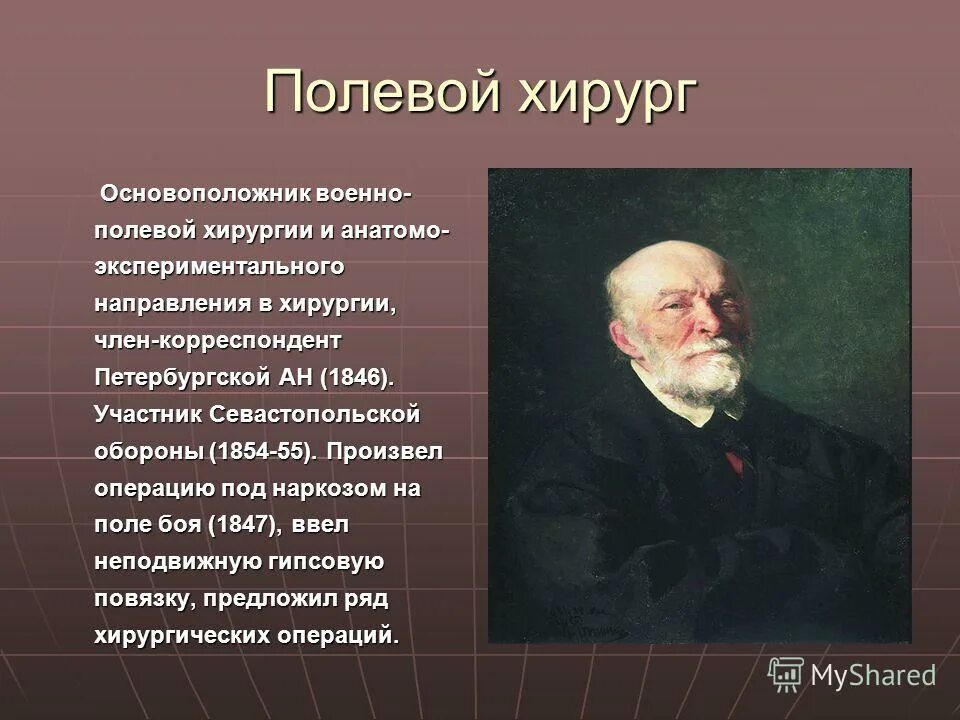 основоположник хирургической анатомии и военно-полевой хирургии. основоположник военно полевой хирургии впервые применил наркоз. пирогов (1810 - 1881). ). основоположник военно полевой хирургии впервые применил наркоз.