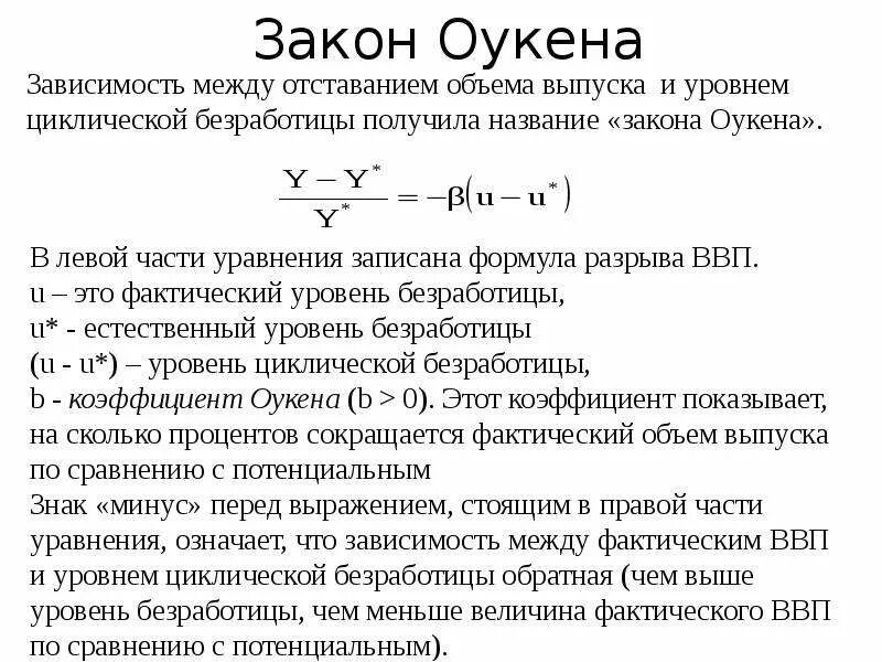 Фактический ввп закон оукена. Безработицы коэффициент Оукена. Фактический ВВП формула Оукена. Коэффициент Оукена формула безработицы. Закон Оукена безработица.