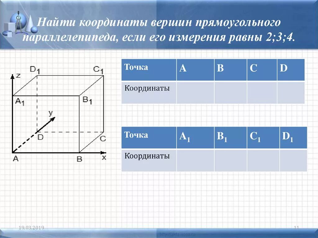 Координаты вершин параллелепипеда. Прямоугольный параллелепипед координаты. Координатный метод прямоугольный параллелепипед. Найдите координаты вершин параллелепипеда.