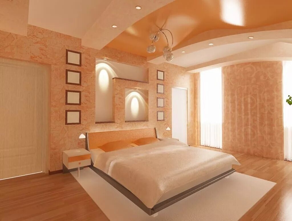 Потолок в спальне. Спальня в персиковых тонах. Евроремонт спальни. Потолок гипсокартон спальня. Ремонт отделка потолков
