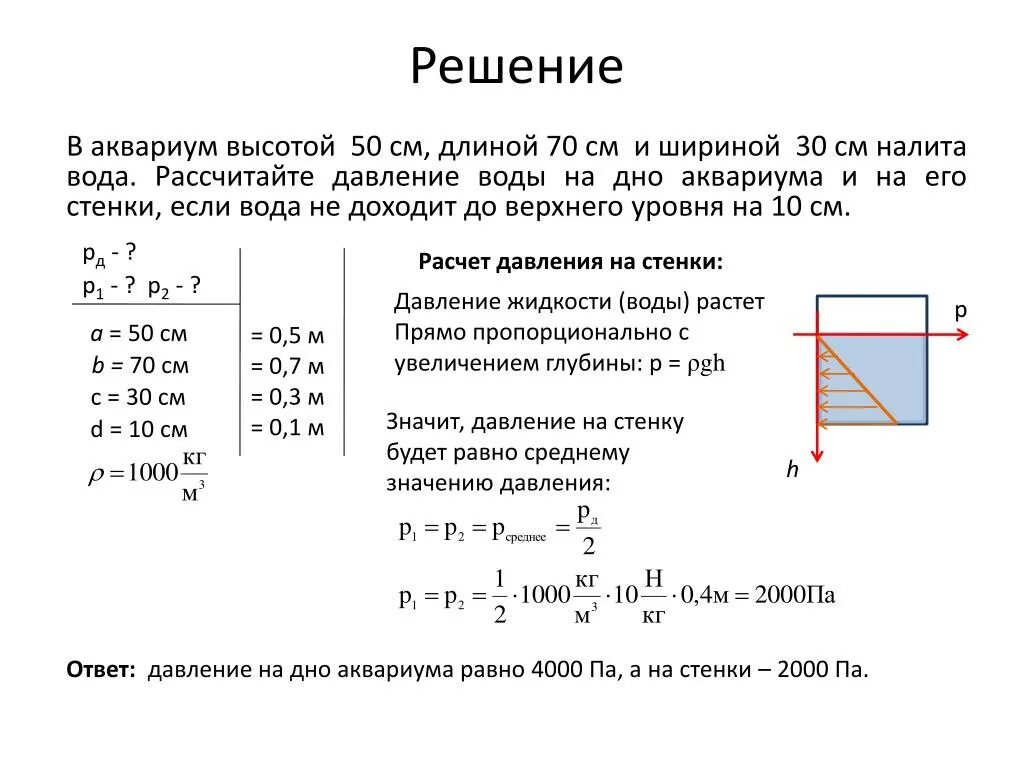 Какая сила действует на дно сосуда. Расчёт давления жидкости на боковые стенки. Как посчитать давление жидкости. Как посчитать давление воды. Как рассчитать давление воды на дно.