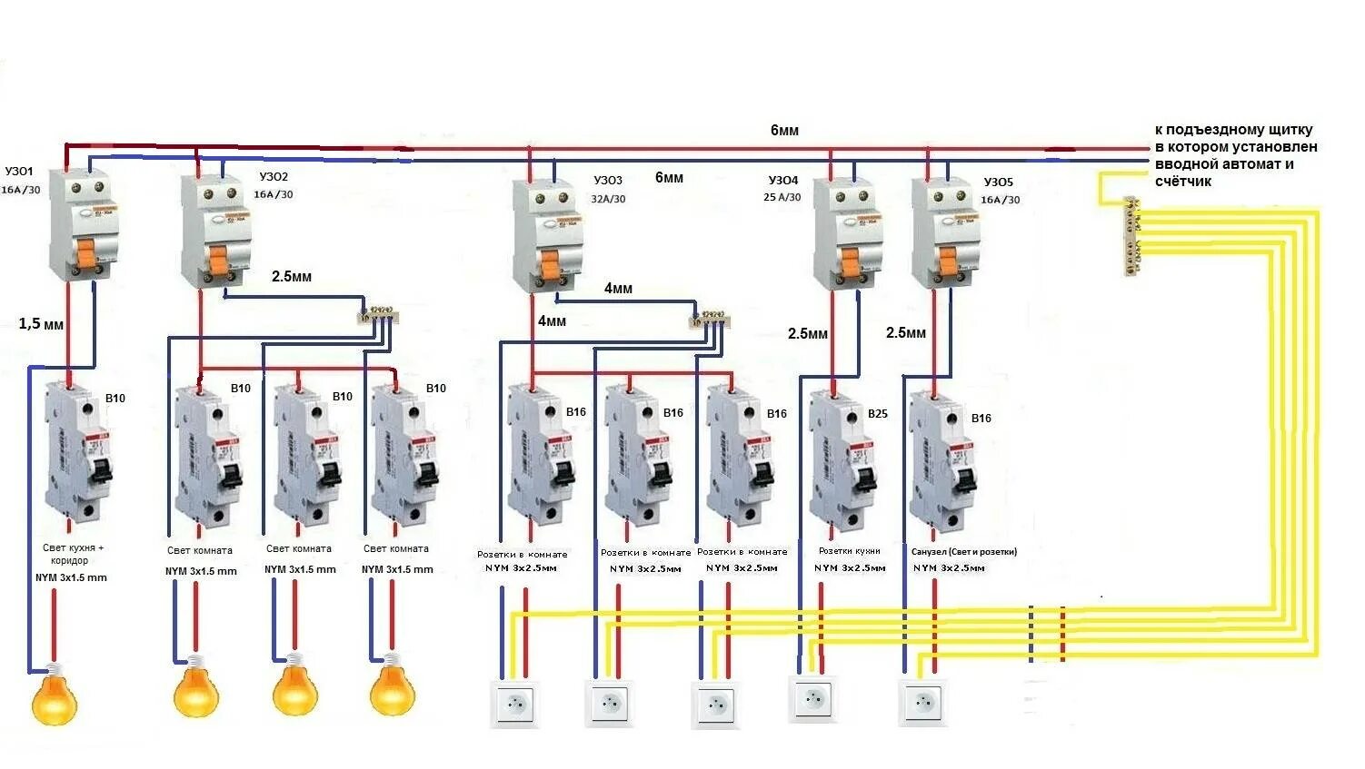 Номинал вводного автомата. Вд1 63 УЗО схема подключения. Схема подключения вводного автомата и УЗО. Подключение автомата на 16 ампер одинарного схема подключения. Подключение автомата на 16 ампер схема.