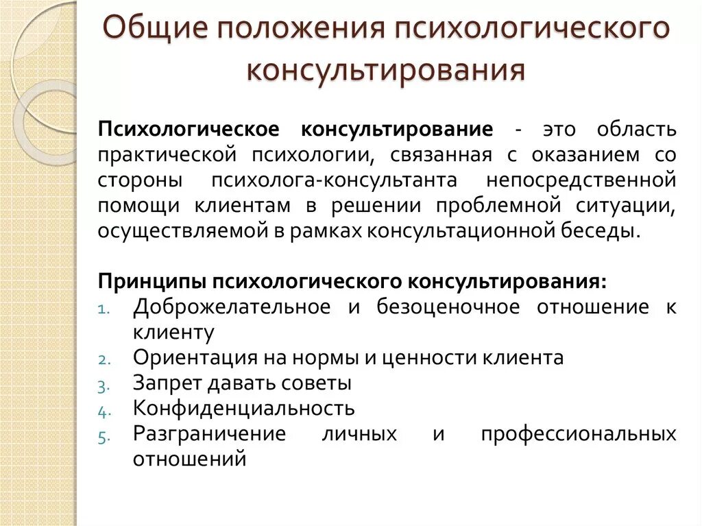 Позиция консультанта при оказании кризисной помощи. Общие положения психологического консультирования. Содержание психологического консультирования определяется:. Основные положения психологического консультирования. Методы психологического консультирования в психологии.