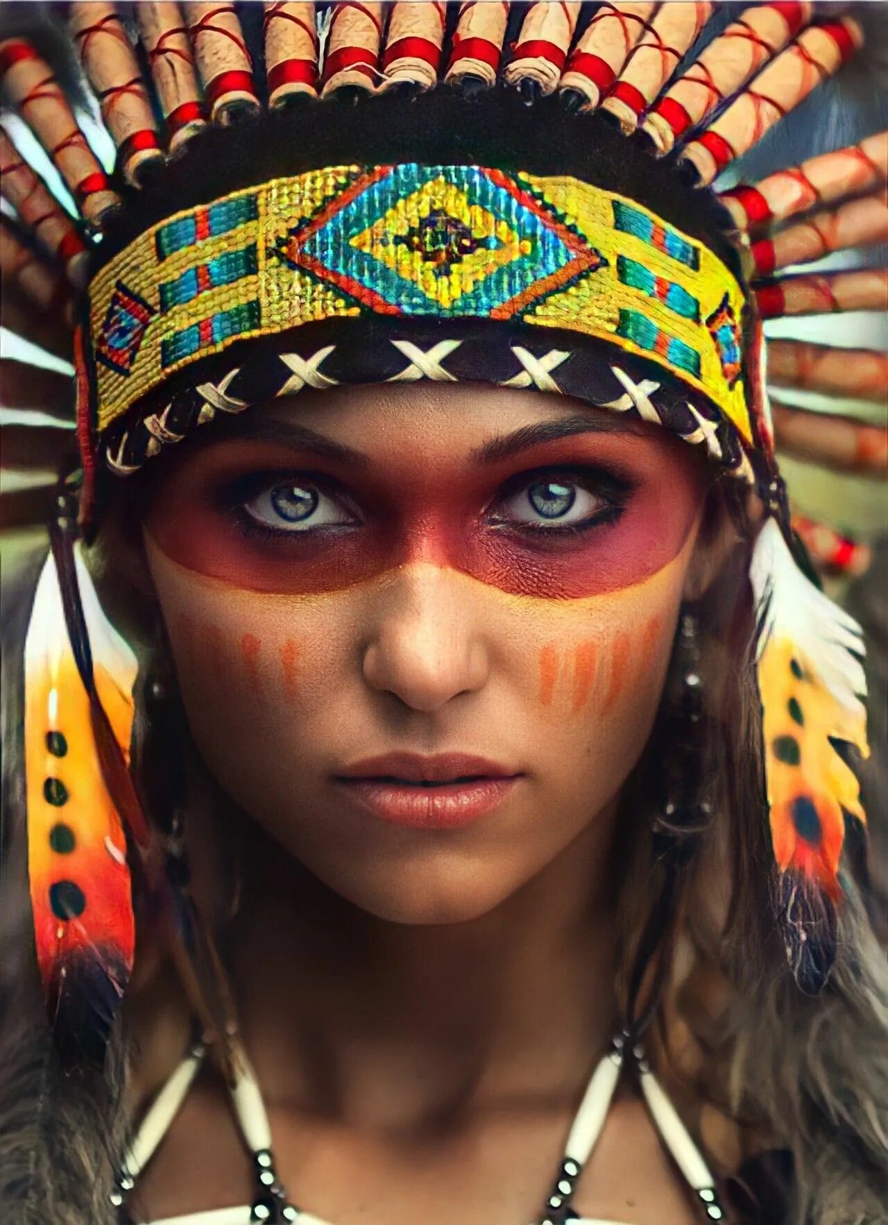 Этнический взгляд. Девушка с перьями на голове. Раскрас индейцев на лице. Индейцы девушки. Грим индейца.