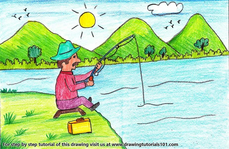 Ловить на легкое. Рыбалка рисунок. Легкий рисунок рыбака. Рыбак рисунок карандашом. Рыбалка рисунок карандашом.