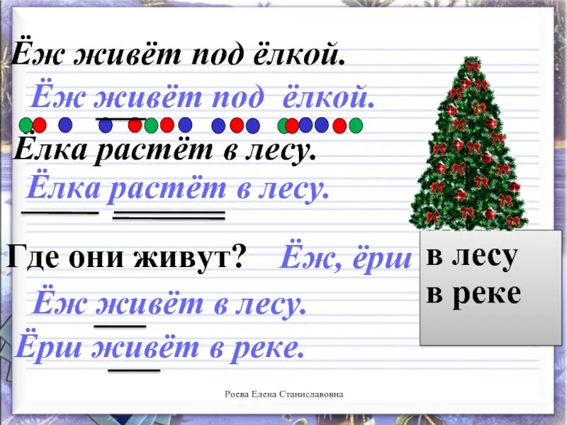 Елка разделить на слоги. Еж живёт под ёлкой , разделить на слоги. под ёлкой текст. разбор слова ерш. транскрипция предложения еж живет под елкой.