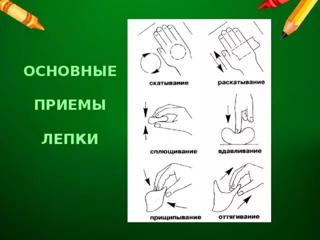 Тест прием рук. Основные приемы лепки. Прием лепки раскатывание. Приёмы лепки из пластилина. Основные приемы лепки из пластилина.