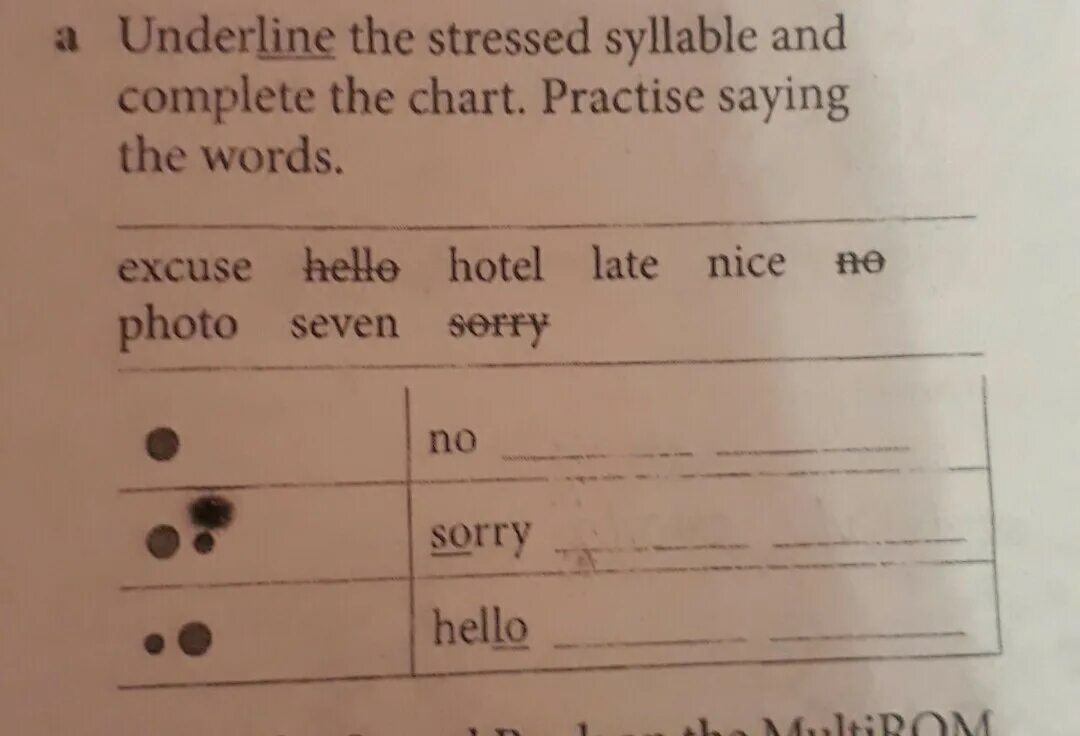 Underline the stressed. Choose the stressed syllable. Underline the stressed syllable. Complete the Words. 8 Underline the stressed syllable..