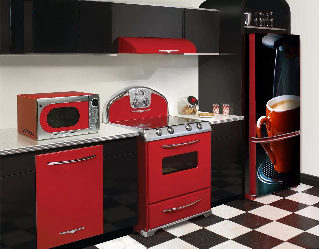 Бытовая техника. Кухня с бытовой техникой. Бытовая техника в интерьере. Кухня с красным холодильником. Красная бытовая техника для кухни.