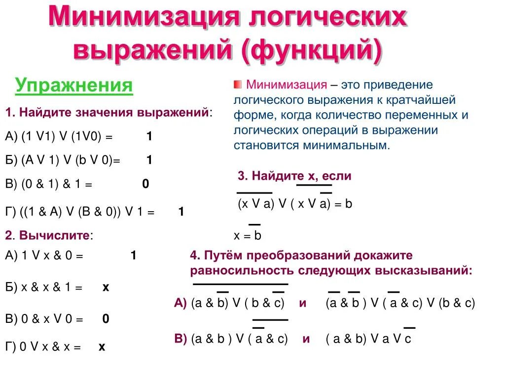 Методы минимизации функций. Формула сокращения булевой логики. Минимизировать функцию с помощью законов алгебры логики. Минимизация логических функций. Минимизация логических выражений.