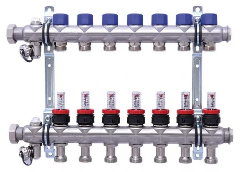 Распределительный коллектор для водоснабжения. Расширительный модуль Hansa FBH 63 С расходомерами 2 контура арт 206302. Гребёнка для воды распределительный коллектор. Гребёнка отопления распределительный коллектор на 7 контуров. Коллектор отопления распределительный 1 1/2".
