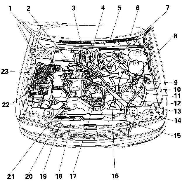 Название деталей капота. Двигатель Ауди 80 1.8 схема. Двигатель Ауди 80 б4 схема. Ауди 100 схема подкапотного пространства. Audi a4 b5 схема моторного отсека.