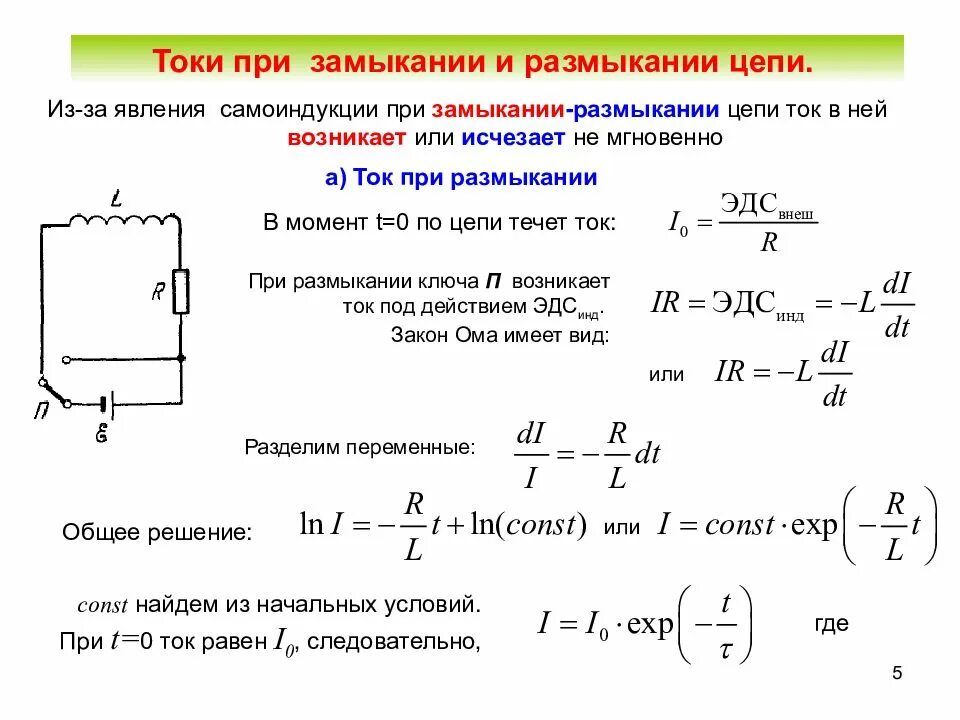 Токи при замыкании и размыкании цепи Экстратоки. Вывод формулы тока при замыкании. Экстратоки при размыкании и замыкании цепи с индуктивностью. Ток при размыкании цепи формула.