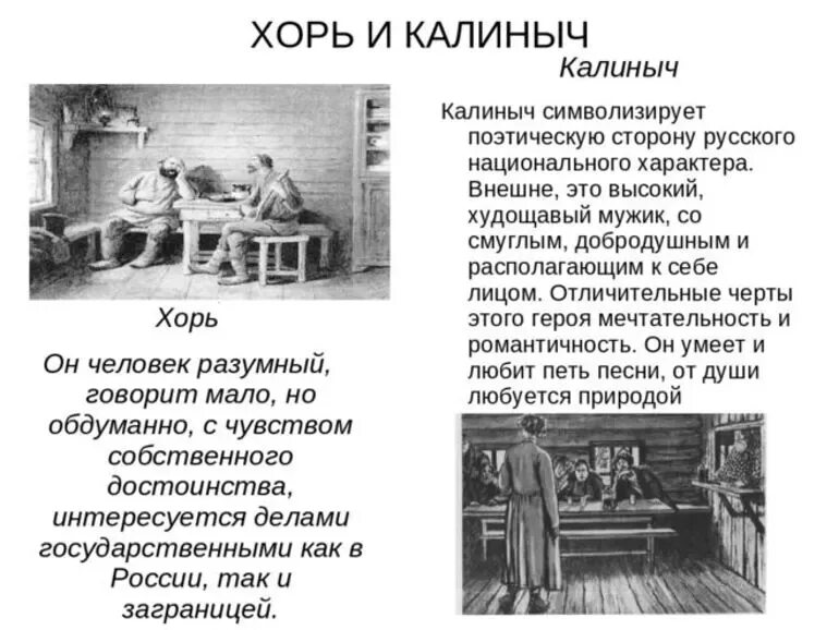 Характеристика персонажей хорь и Калиныч. И.С.Тургенев. Очерки “хорь и Калиныч”. Описание хоря и Калиныча. Сравнительная характеристика хорь и Калиныч Тургенев.