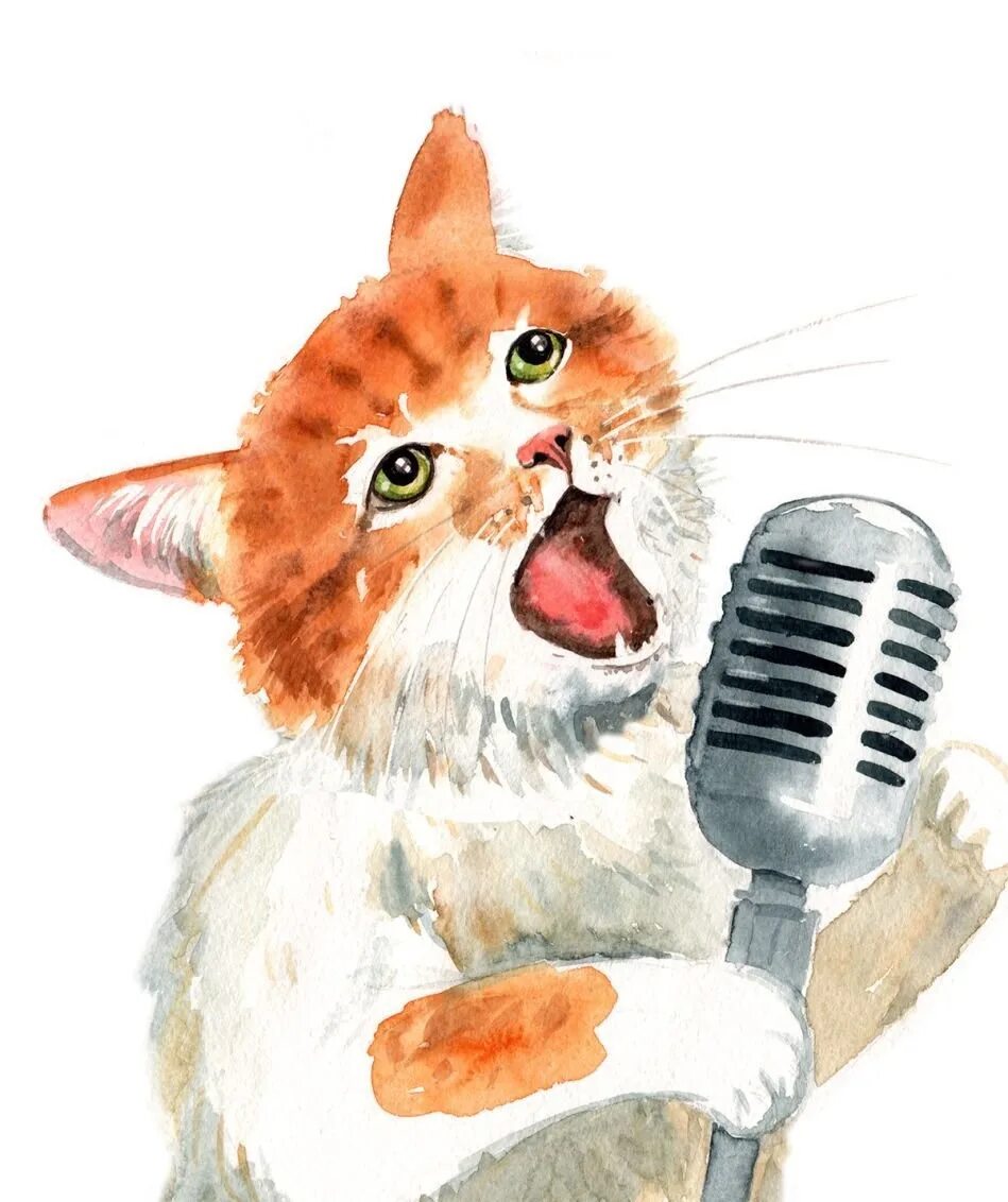 Пение животных. Кот с микрофоном. Кот поет. Кошка с микрофоном. Поющая Нота.