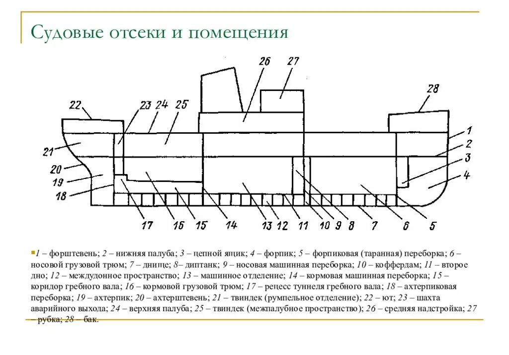 Схема расположения судовых помещений на сухогрузном судне. Конструкция поперечной переборки судна. Схема корпуса судна. Схема разбивки корпуса судна на отсеки. Основы организации судна