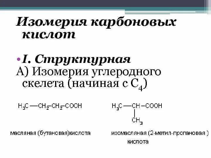 Изомерия положения функциональной группы карбоновых кислот. Карбоновые кислоты изомерия функциональной группы. Структурная изомерия это изомерия углеродного скелета. Изомерия углеродного скелета карбоновых кислот.