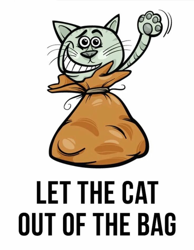 Hello i cat. Let the cat out of the bag. to let the cat out of the bag идиома. the cat is out of the bag. кот в мешке на английском идиома.