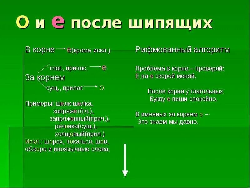 Звук о после шипящих в корне слова. О-Ё после шипящих в корне. О Е Ё после шипящих в корне примеры. Оё после шипящих в корне. О Ё В корнях после шипящих.