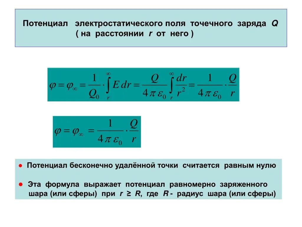 Заряд останавливаться. Потенциал электрического поля точечного заряда формула. Потенциал электростатического поля формула. Потенциал точечного заряда формула. Потенциал удаленного заряда формула.