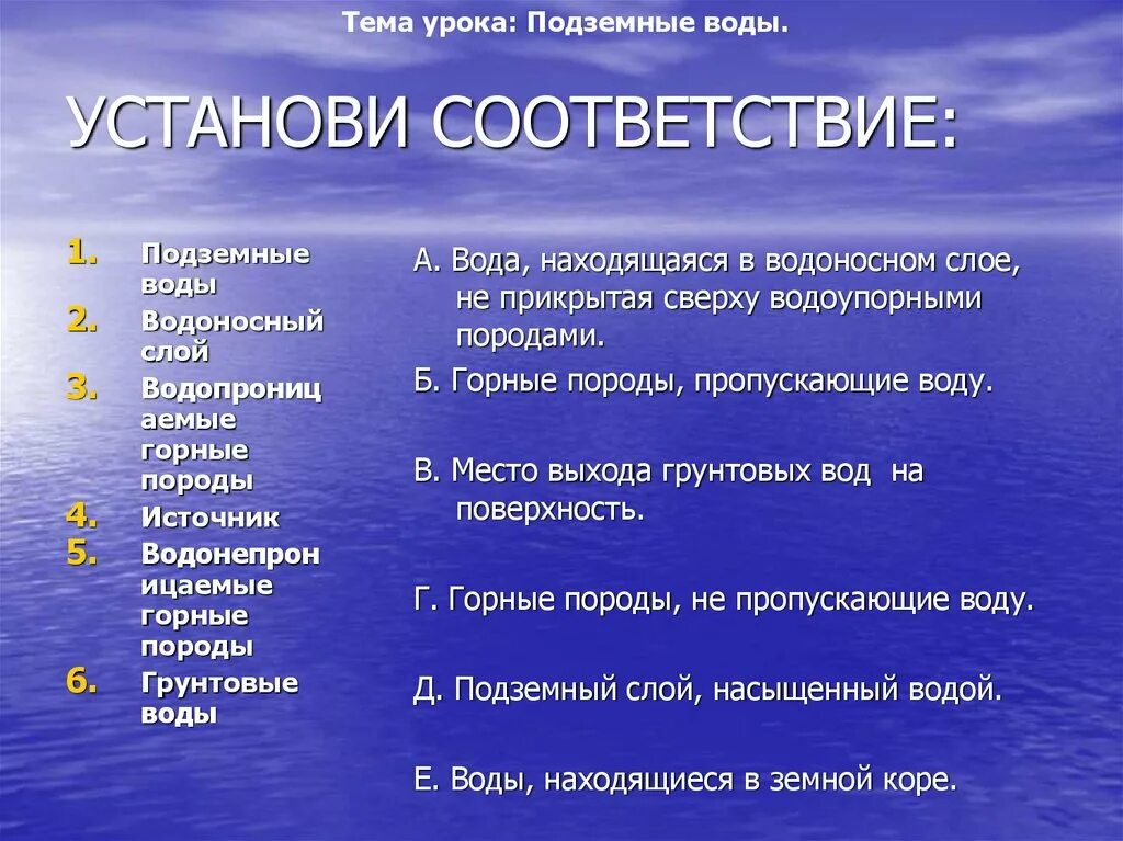 Подземные воды свойства. Подземные воды таблица. Подземные воды соответствия. Подземные воды виды и значение. Подземные воды установите соответствие.