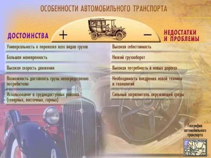 Железнодорожный и автомобильный транспорт 9 класс география. Достоинства и недостатки автомобильного транспорта. преимущества и недостатки автомобильного транспорта. особенности автомобильного транспорта в россии. проблемы автомобильного транспорта в россии.