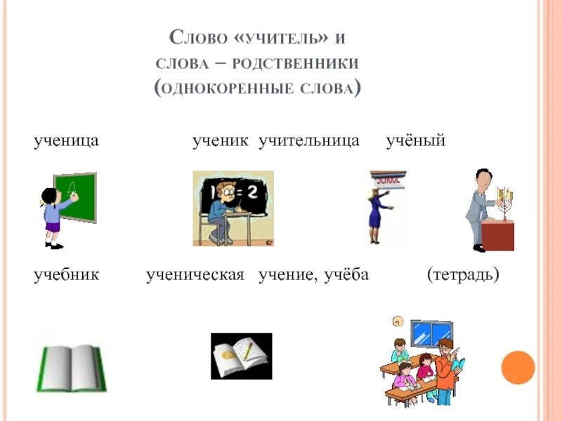 Слова родственники. Ученик ученица учитель. Родственные слова учитель. Слова ученик ученица учитель учительница.