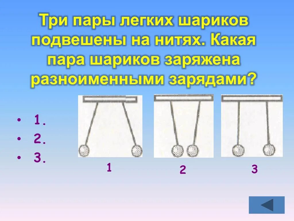 Шарик подвешенный на нити. Три пары легких шариков подвешены на нитях. Шарики заряженные разноименными зарядами. Знаки зарядов подвешенных шаров.