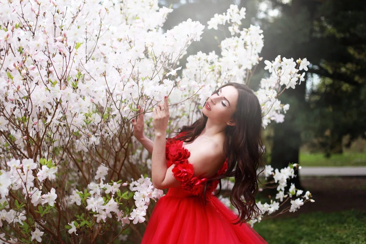 Платье цветущие сады. Весенние платья для девушек. Фотосессия на фоне цветущих деревьев. Фотосессия девушек в цветущем саду.