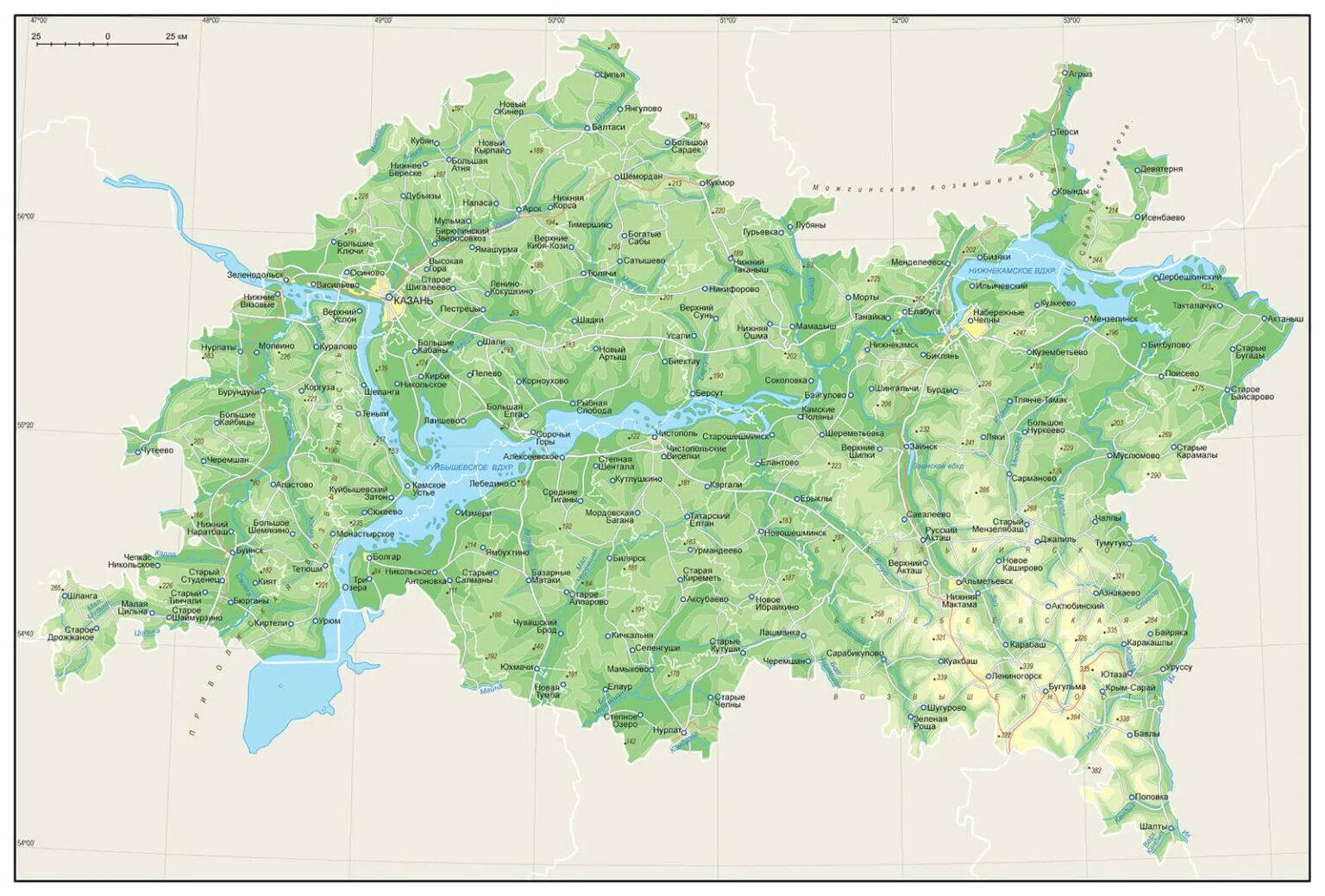 Где находится татарстан в россии. Географическая карта Татарстана. Физическая карта Татарстана. Карта рельефа Татарстана.