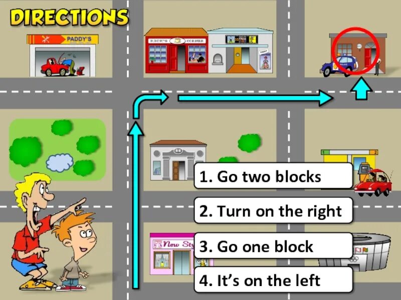Turn on 2. Walk two blocks. bloks 4 уроки. turn on the right. трек i go one two.