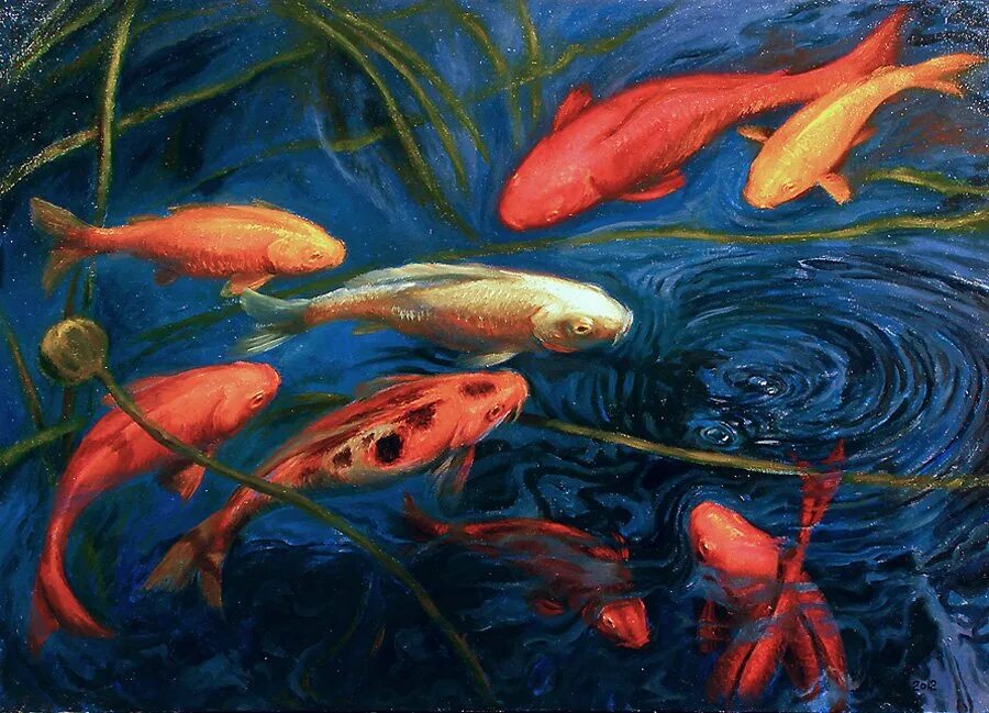 Тянь Хайбо картины. Художник Tian Haibo. Картина Red Carps. 100х100 холст масло. Картина маслом рыбки. Известные рыбы в воде