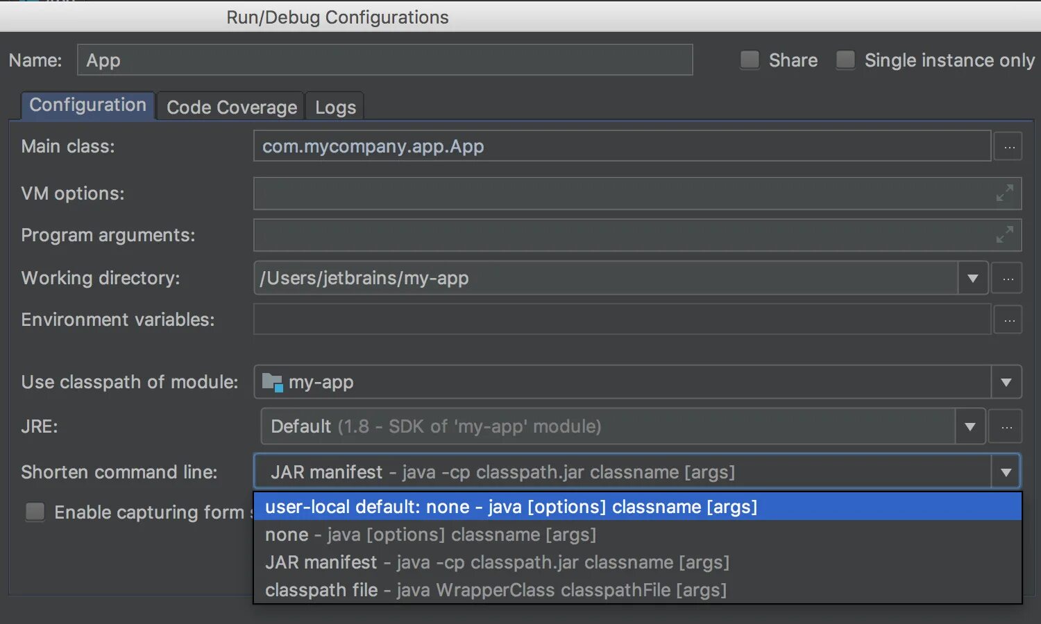 Args config. Classpath in intellij idea. java manifest. graphical command line. run config.