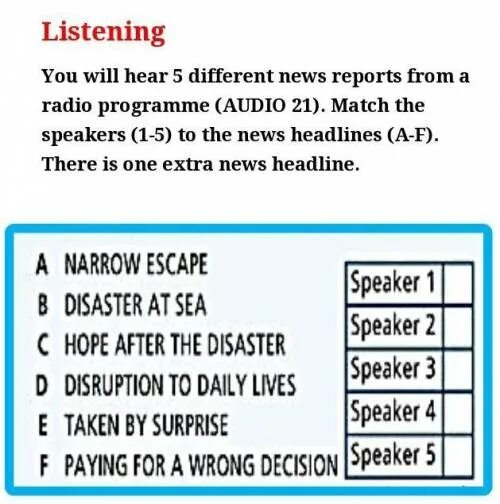 Radio programmed. Listen to some people talking about Music on a Radio programme and Match the Speakers 1-5 to the a-e the Speaker. You ll hear Five Speakers. You will hear 6