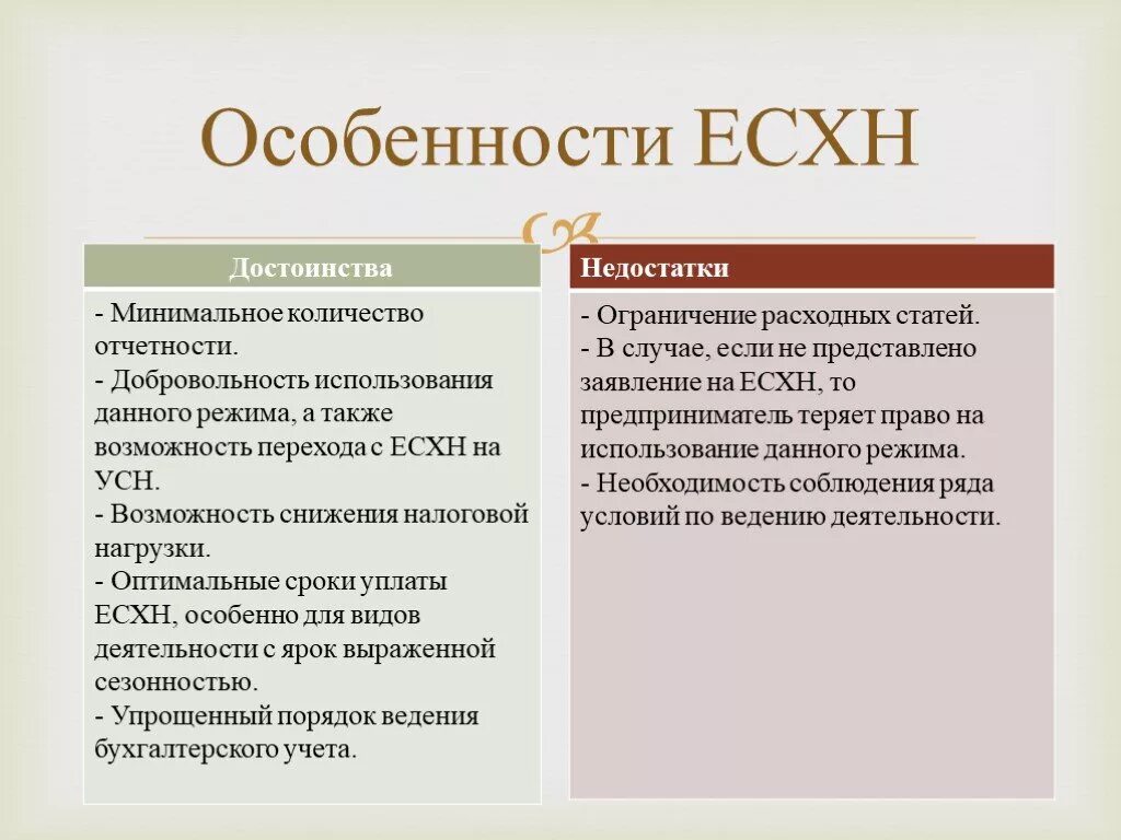 Применение единого сельскохозяйственного налога. Особенности ЕСХН. Единый сельскохозяйственный налог особенности. Единый сельскохозяйственный налог плюсы и минусы. ЕСХН характеристика.