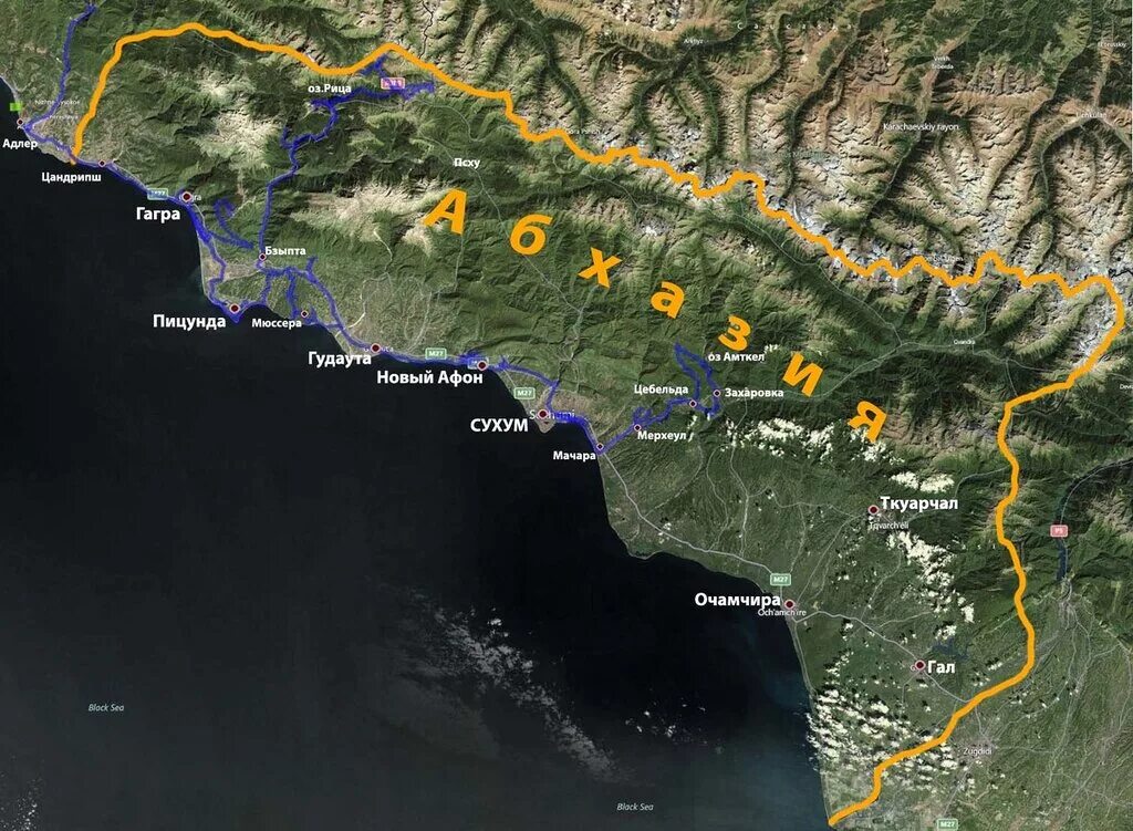 Гагра новый афон расстояние. Карта Сочи Адлер Абхазия. Мюссера Абхазия храм. Дорога от Адлера до Пицунды. Спутниковая карта Абхазии.