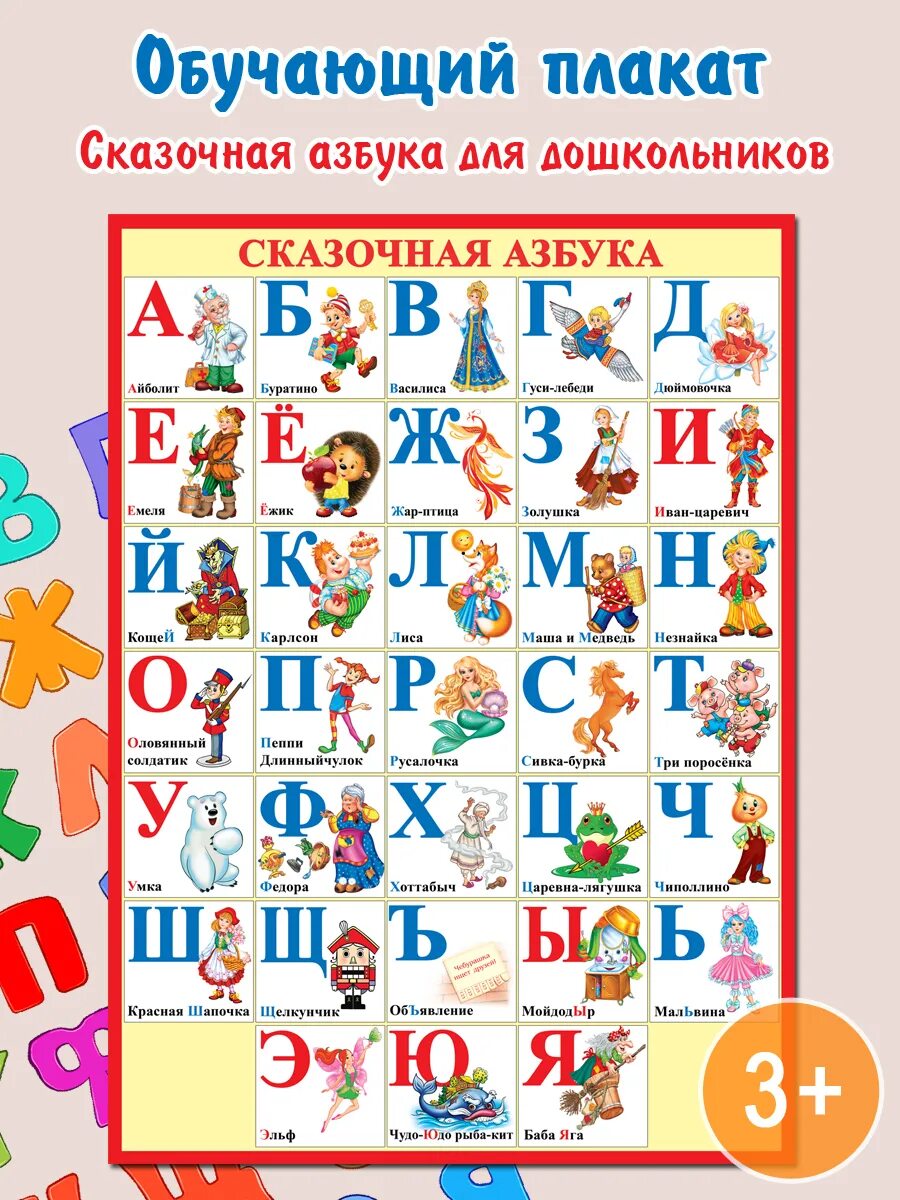 Плакат а2 "Азбука" - 84.542. Обучающий плакат Азбука. Сказочная Азбука. Обучающие плакаты для детей. Придумайте азбуку цветов или азбуку сказочных героев