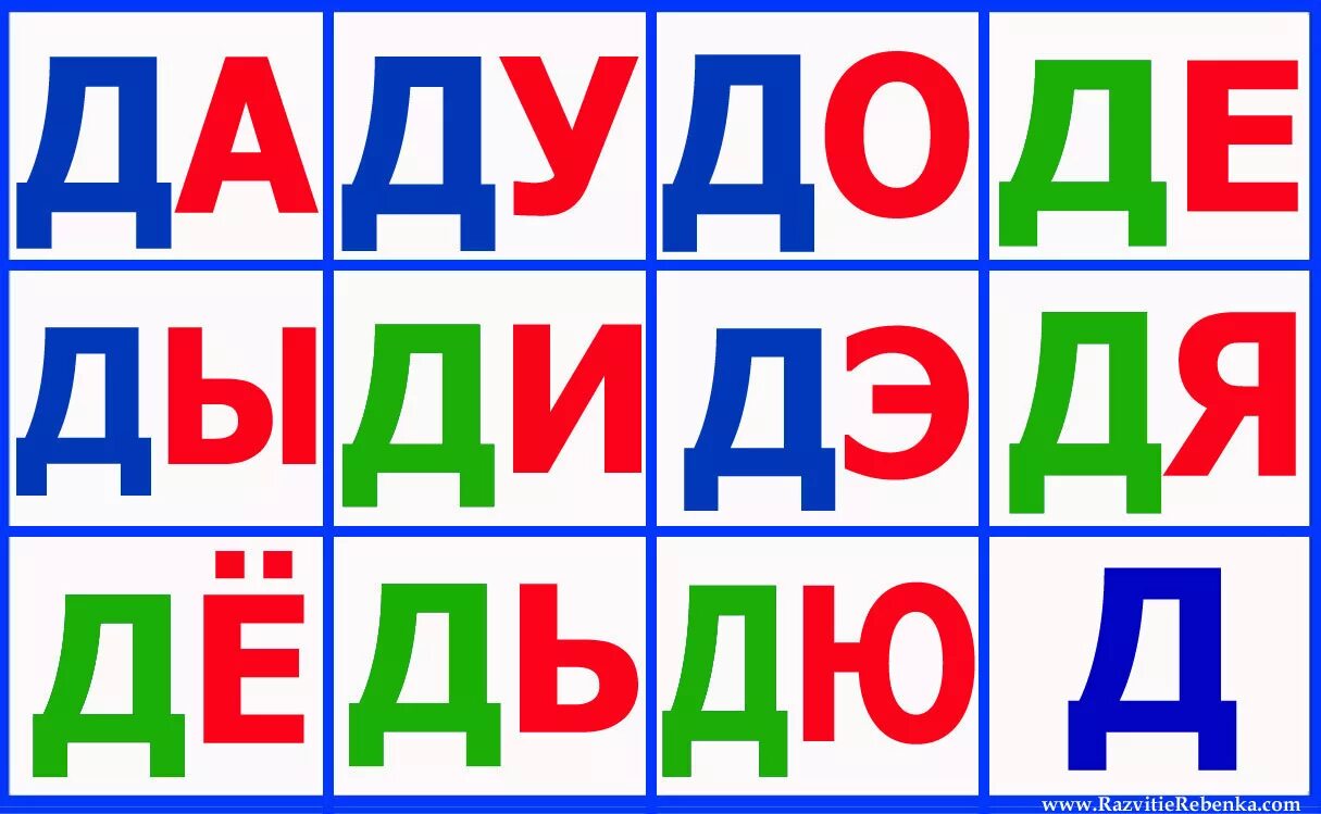 Читай по буквам. Слонги. Карточки слоги. Слоги с буквой д. Карточки со слогами для детей.