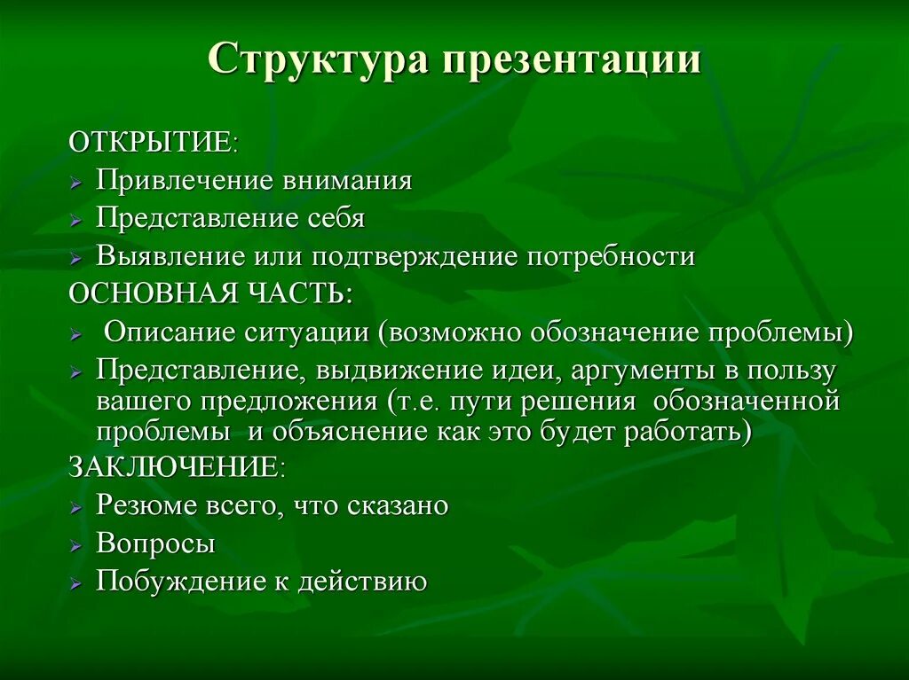 Структура презентации конспект