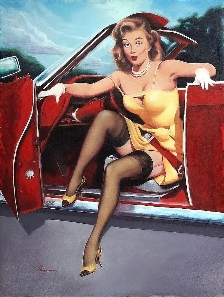 Художник Gil Elvgren. Gil Elvgren автомобили. Художник Джил Элвгрен пин-ап. Гил Элвгрен блондинка.