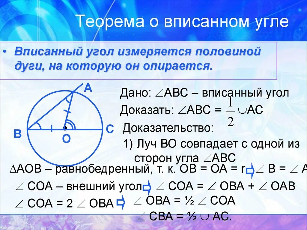 Вписанный угол окружности равен половине дуги. Теорема о вписанном угле 8 класс 3 случай доказательство. Вписанный угол теорема доказательство. Теорема ов писаном угле. Теорема о вписанном угле доказательство.