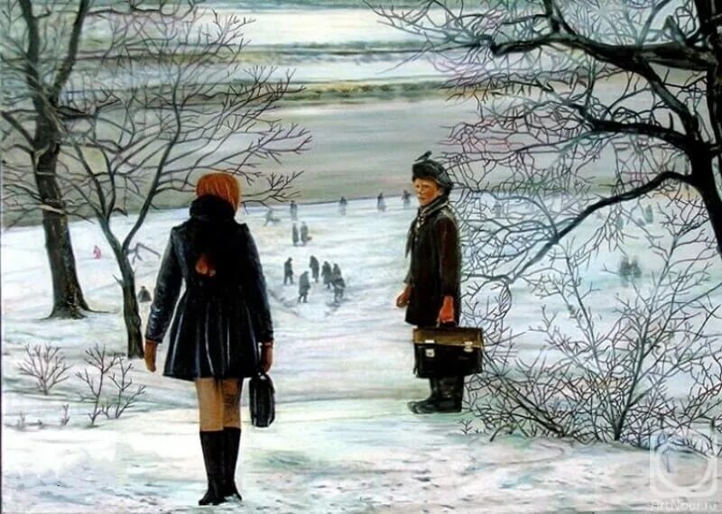 Ссорился зимой расстался. Картина встреча. Прогулка в зимнем парке живопись. Люди зимой живопись.